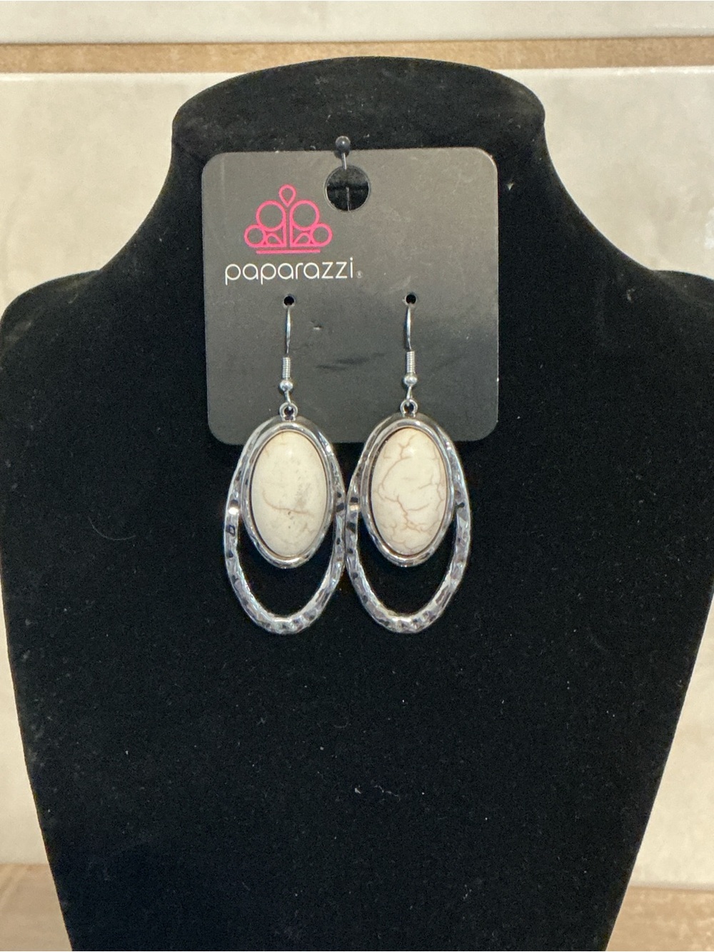 Paparazzi Cream Stone Oval Hoop Dangle Earrings